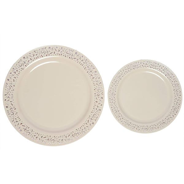 Party Joy 200 Piece Plastic Dinnerware Set Lace Collection 100 Dinner Plates 100 Salad Plates Ivory Overstock 28255823