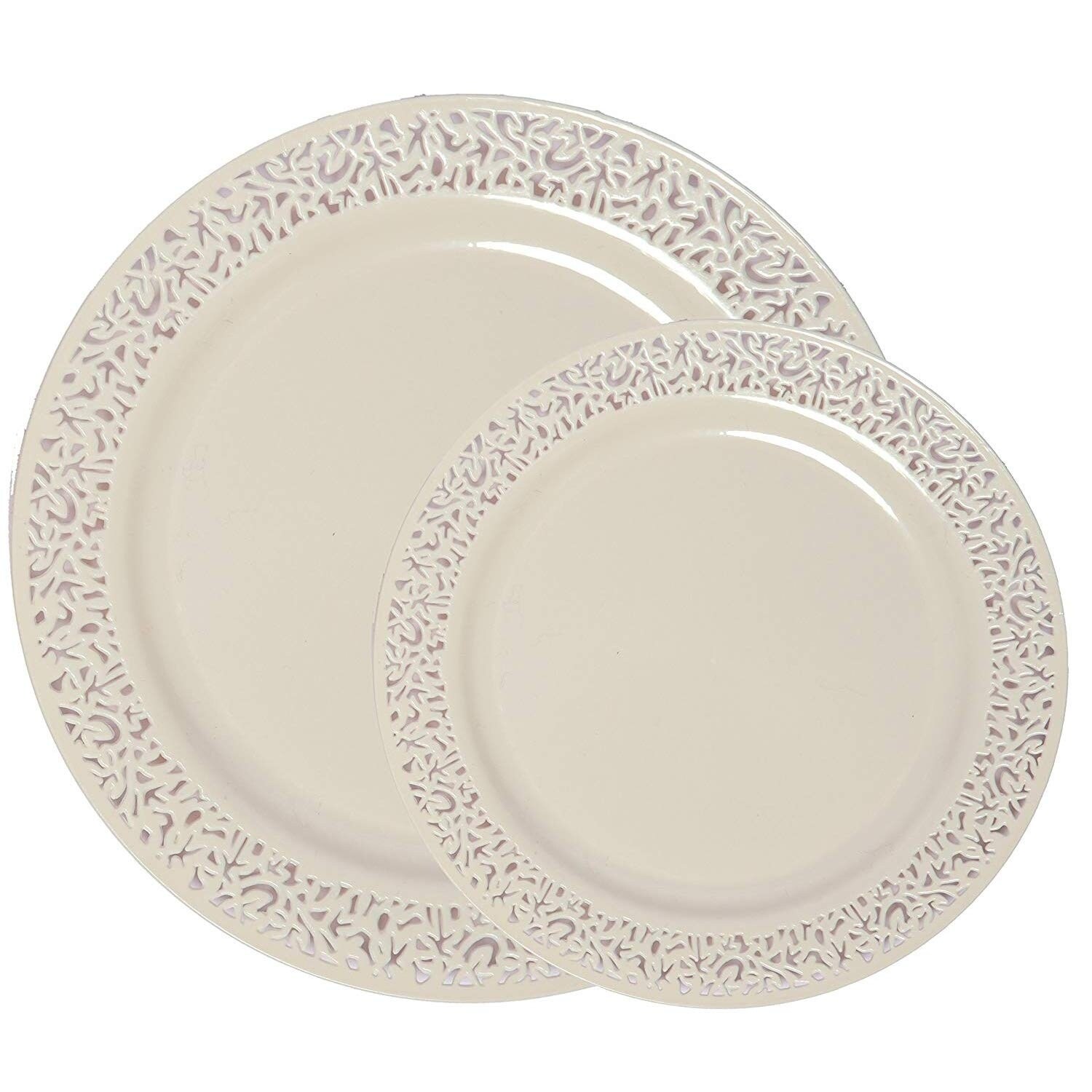 Party Joy 200 Piece Plastic Dinnerware Set Lace Collection 100 Dinner Plates 100 Salad Plates Ivory Overstock 28255823