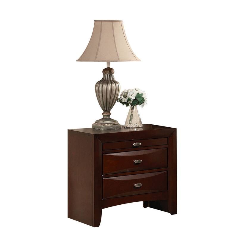 Contemporary Style Wooden Nightstand with Three Drawers and Metal Knobs, Brown