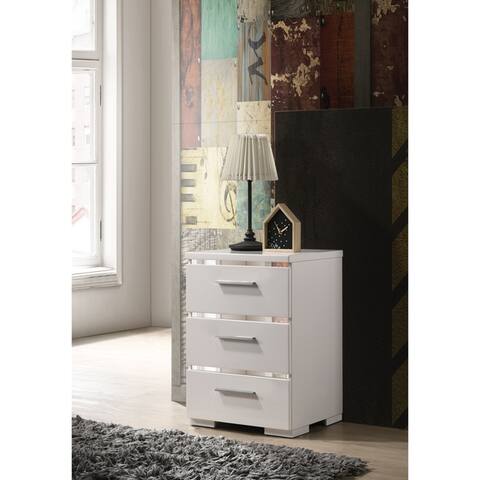 Three Drawers Wooden Nightstand with Metal Handles, White and Silver