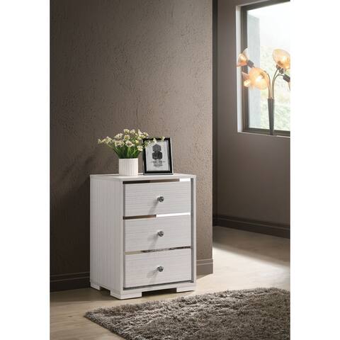 Three Drawers Wooden Nightstand with Crystal Knob Handles, White and Silver