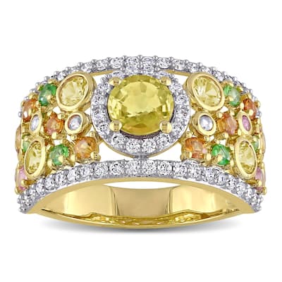 Miadora 14k Yellow Gold Multi-Color Sapphire Tsavorite and 1/2ct TDW Diamond Cluster Band