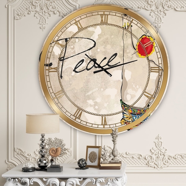 Designart 'Gypsy Hippy Hand Peace' Large Cottage Wall Clock