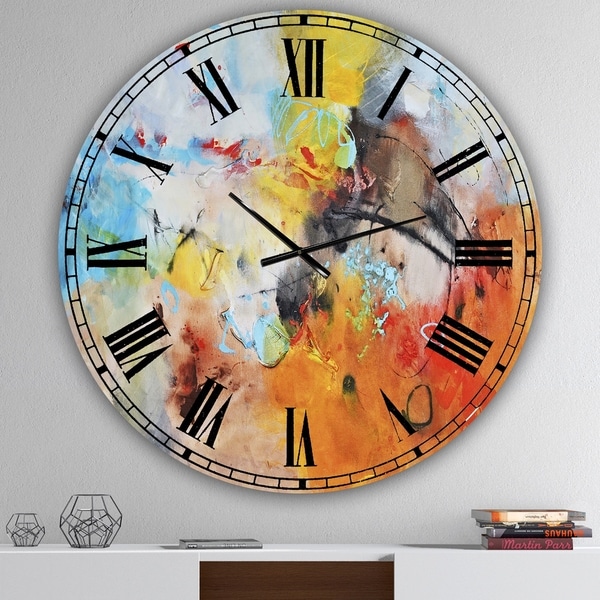 Designart 'Blue And Yellow Color Spatters II' Large Modern Wall Clock