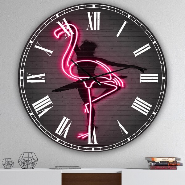 Designart 'Neon Pink Flamingo and Ballerina' Large Modern Wall Clock