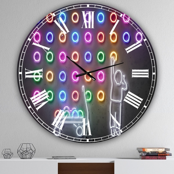 Designart 'Boy Collecting Neon Circles' Oversized Modern Wall Clock