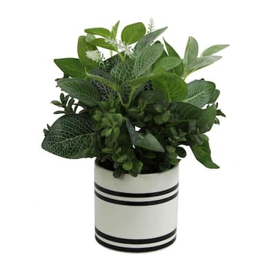 Artificial Mixed Garden Foliage Plant With Striped Ceramic Pot - Green