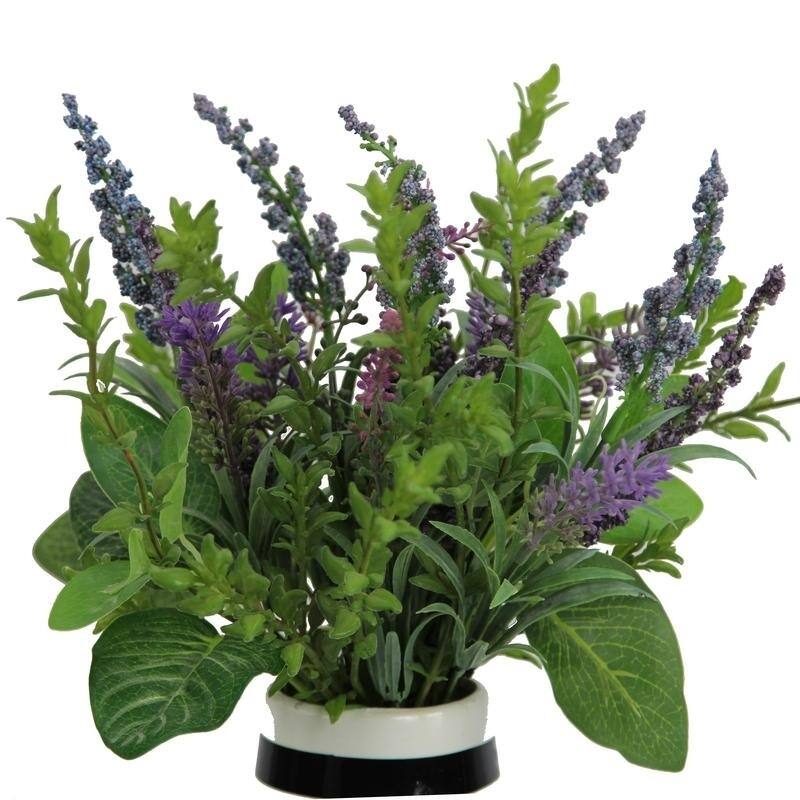 Artificial Lavender w/ Mixed Plant Foliage Striped Vase - ABN5P023-NTRL