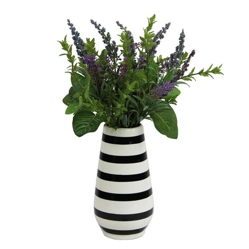 Artificial Lavender w/ Mixed Plant Foliage Striped Vase - ABN5P023-NTRL