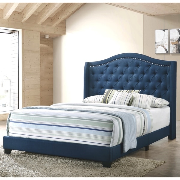 Modern Elegant Demi-Wing Design Button Tufted Blue Upholstered Bed. Opens flyout.