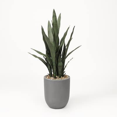 D&W Silks Sensaveria Plant in Round Grey Planter - Green