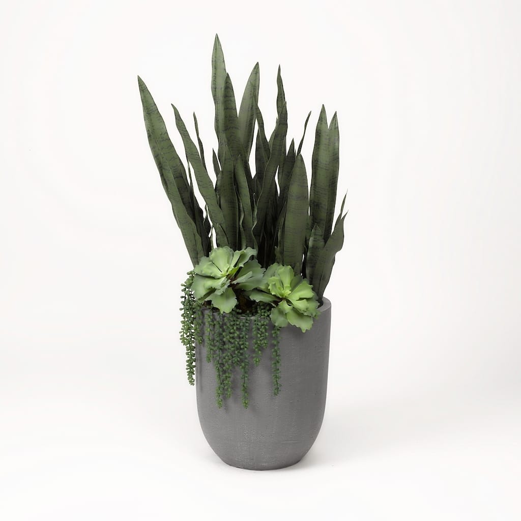 D&W Silks Sensaveria Plant With Echeveria and Sedum in Round Grey Planter - Green