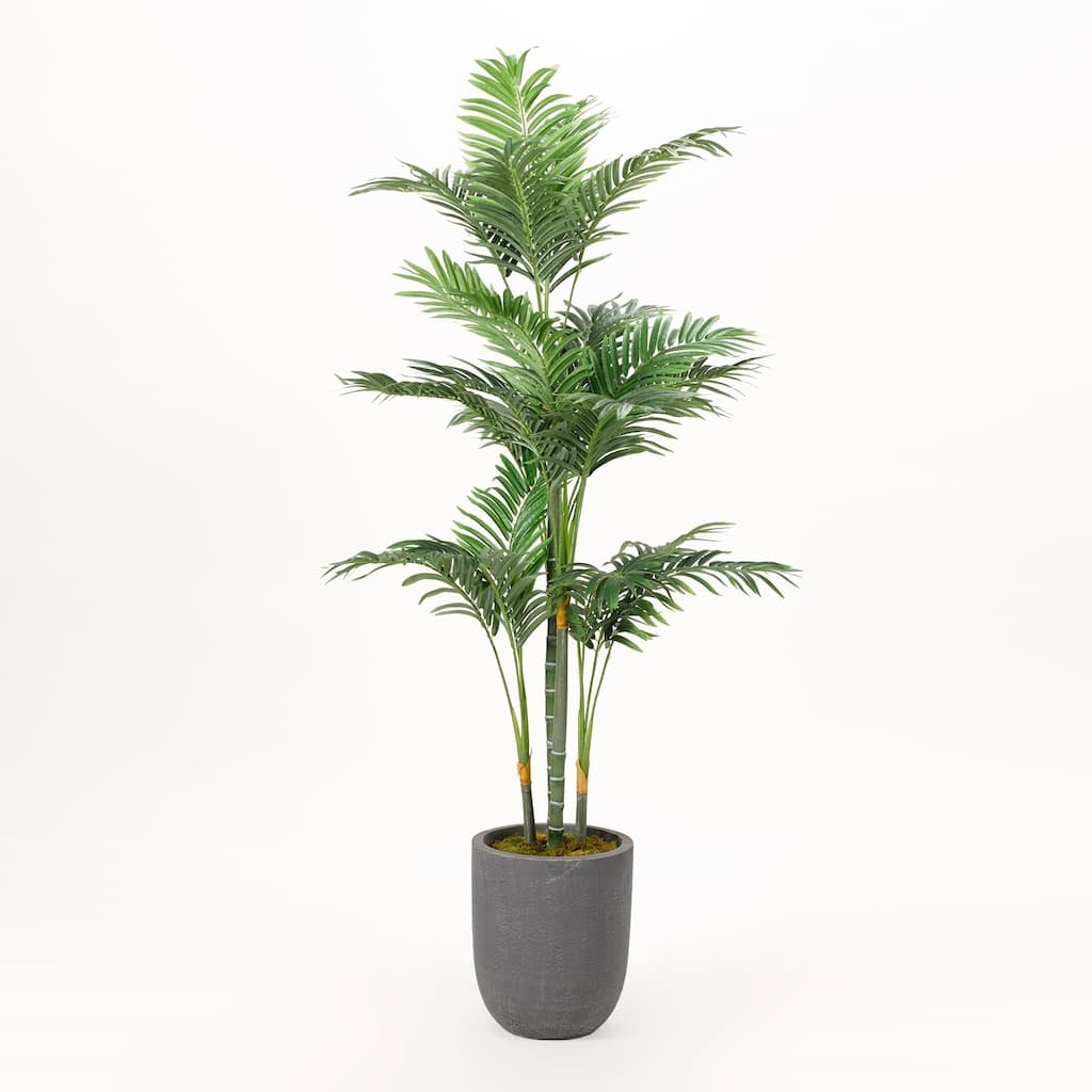D&W Silks Golden Palm Tree in Round Grey Planter - Golden Palm