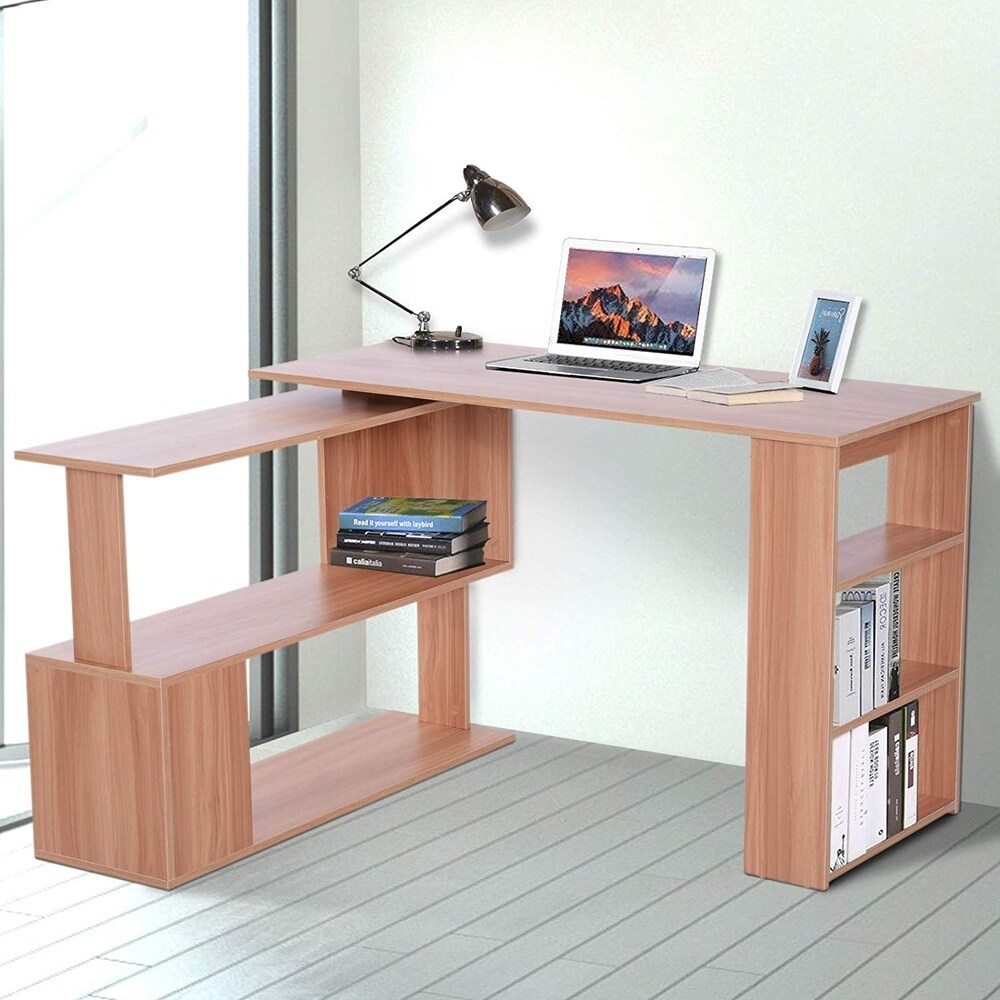 Porch and Den Arbordale Oak Finish L-shaped Rotating Computer Desk with Bookshelves