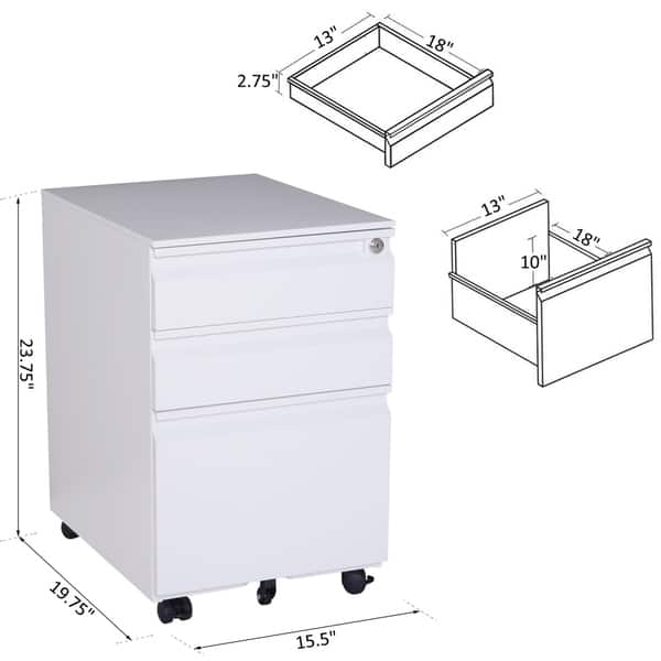 Shop Homcom 3 Drawer Locking File Cabinet On Wheels Overstock