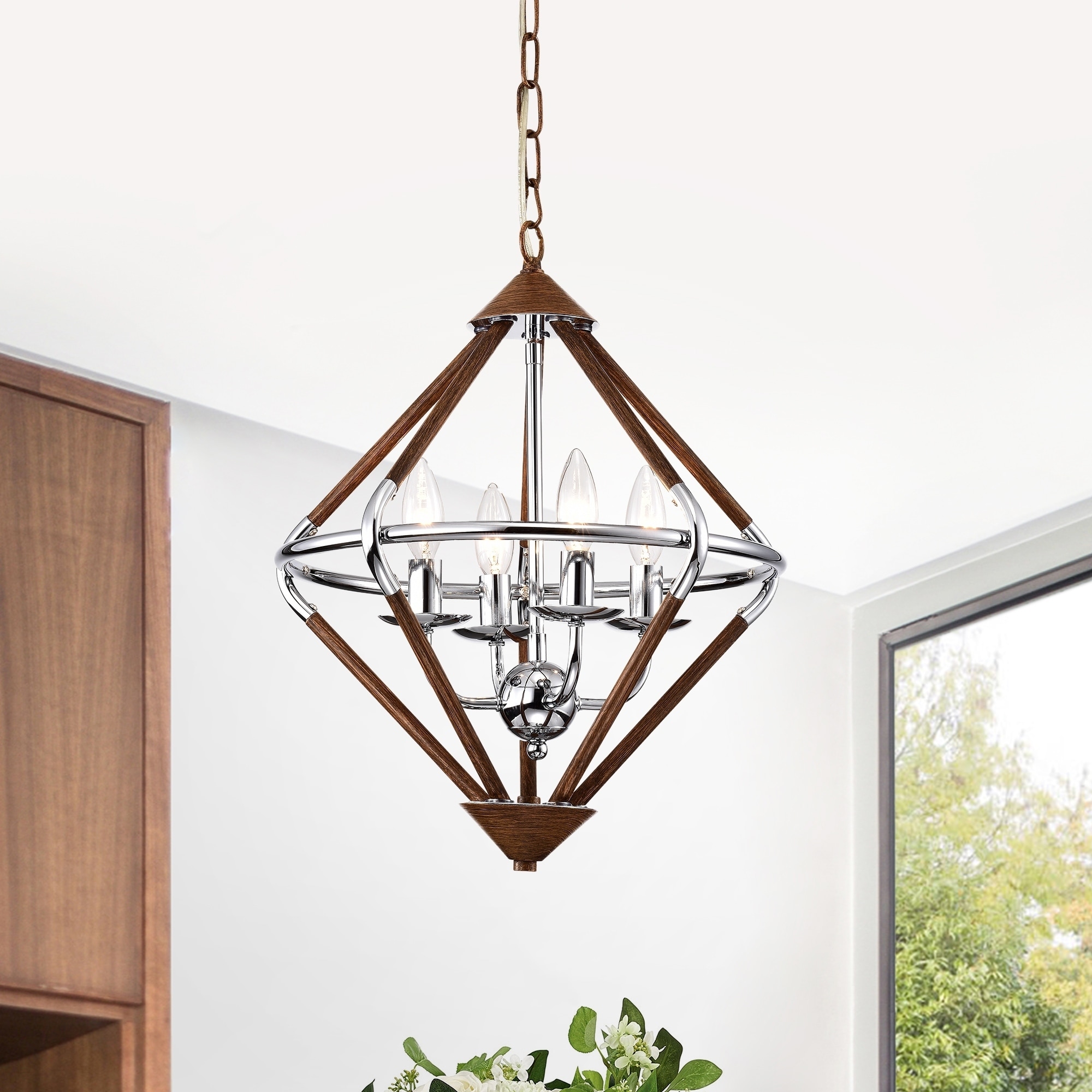 Ilija Imitation Wood Grain/Chrome 4-light Chandelier - Chandeliers For Bedrooms by Overstock.com