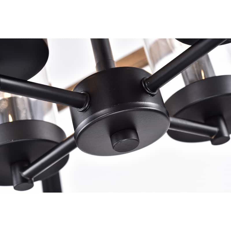 Avriel Imitation Wood Grain/Matte Black 4-light Chandelier with Clear Glass Shades