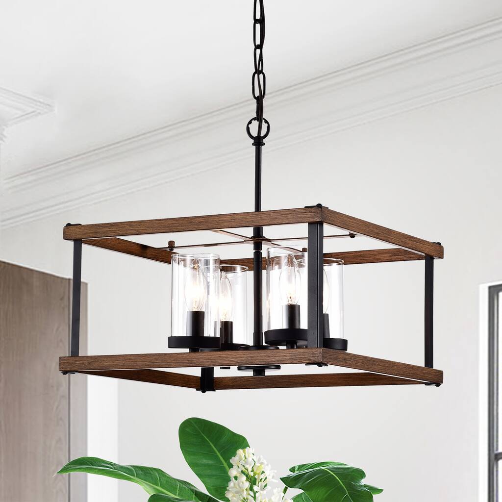 Avriel Imitation Wood Grain/Matte Black 4-light Chandelier with Clear Glass Shades