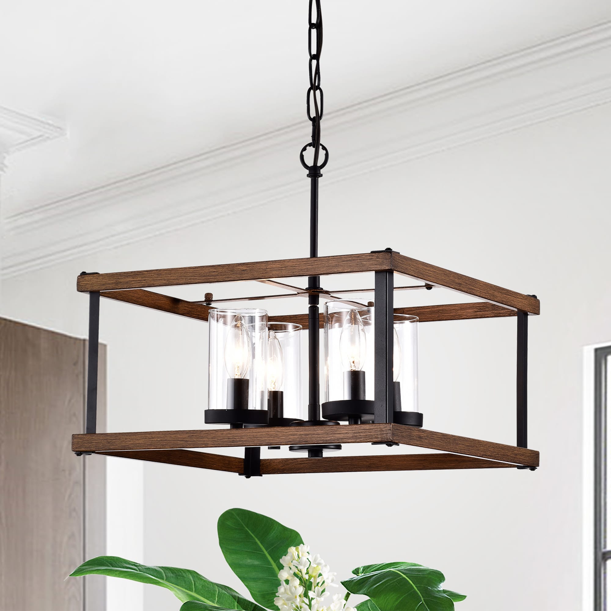 Warehouse of Tiffany Avriel Imitation Wood Grain/Matte Black 4-light Chandelier with Clear Glass Shades
