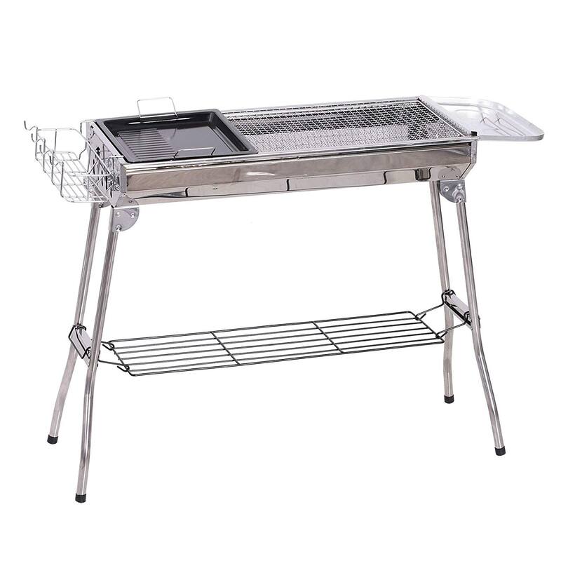 Outsunny Portable Folding Charcoal BBQ Grill Stainless Steel Camp Picnic Cooker with a Large Non-Stick Cooking Space