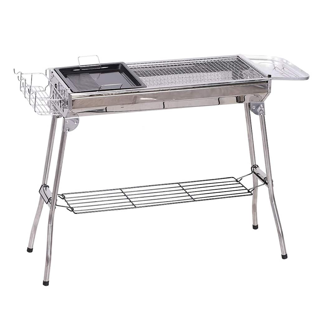Outsunny Portable Folding Charcoal BBQ Grill Stainless Steel Camp Picnic Cooker with a Large Non-Stick Cooking Space