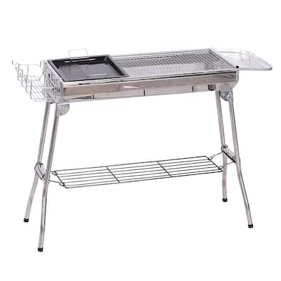 Outsunny Portable Folding Charcoal BBQ Grill Stainless Steel Camp Picnic Cooker with a Large Non-Stick Cooking Space