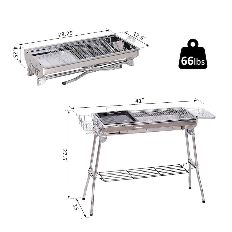 Outsunny Portable Folding Charcoal BBQ Grill Stainless Steel Camp Picnic Cooker with a Large Non-Stick Cooking Space