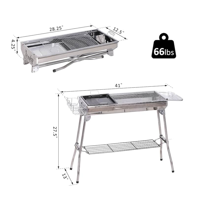 Outsunny Portable Folding Charcoal BBQ Grill Stainless Steel Camp Picnic Cooker with a Large Non-Stick Cooking Space
