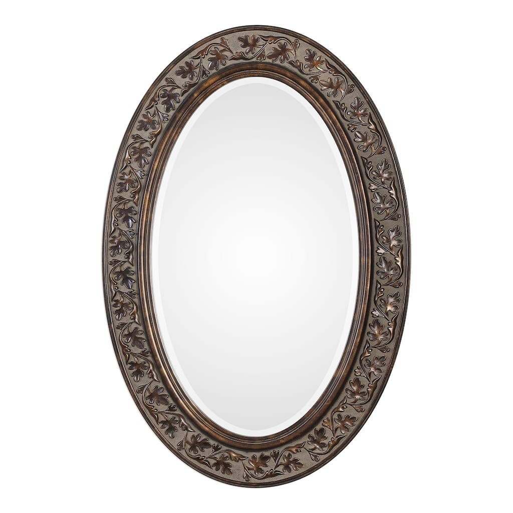 Delacora Aged Bronze Embossed Leaf Frame Oval Wall Mirror