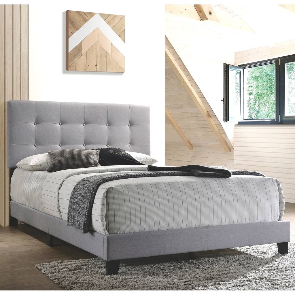 Button Tufted Design Light Grey Fabric Upholstered Bed