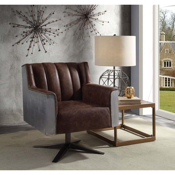 Aluminium Frame Leatherette Swivel Office Chair with Channel Tufting, Brown and Silver