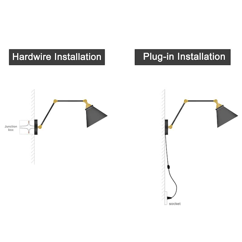 Modern Black Wall Sconce Plug-in Hardwired Lamp Adjustable Lighting
