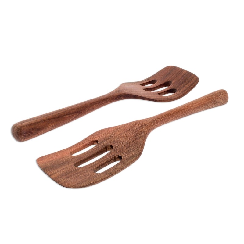 Handmade Fry Up Wood Slotted Spatulas, Set of 2 (Guatemala) - 10.5" H x 2.5" W x 0.6" D