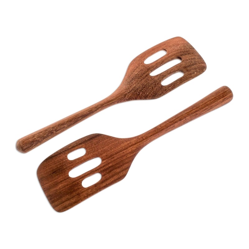 Handmade Fry Up Wood Slotted Spatulas, Set of 2 (Guatemala) - 10.5" H x 2.5" W x 0.6" D
