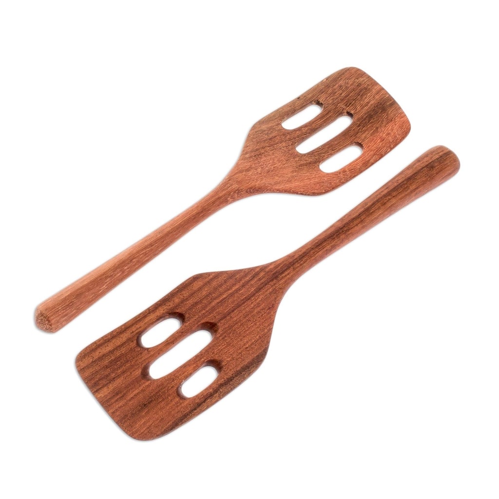 Handmade Fry Up Wood Slotted Spatulas, Set of 2 (Guatemala) - 10.5" H x 2.5" W x 0.6" D
