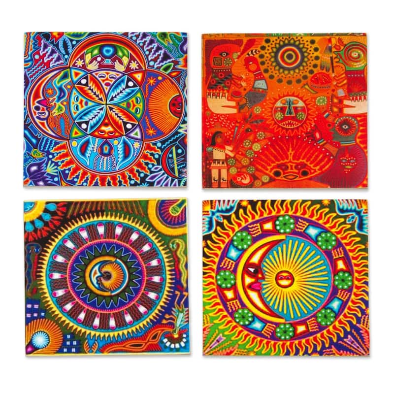 NOVICA Artisan Handblown Decoupage Wood Coasters Pinewood Mexican Motif Multicolor Tableware 'Huichol Sun and Moon' (set of 4)