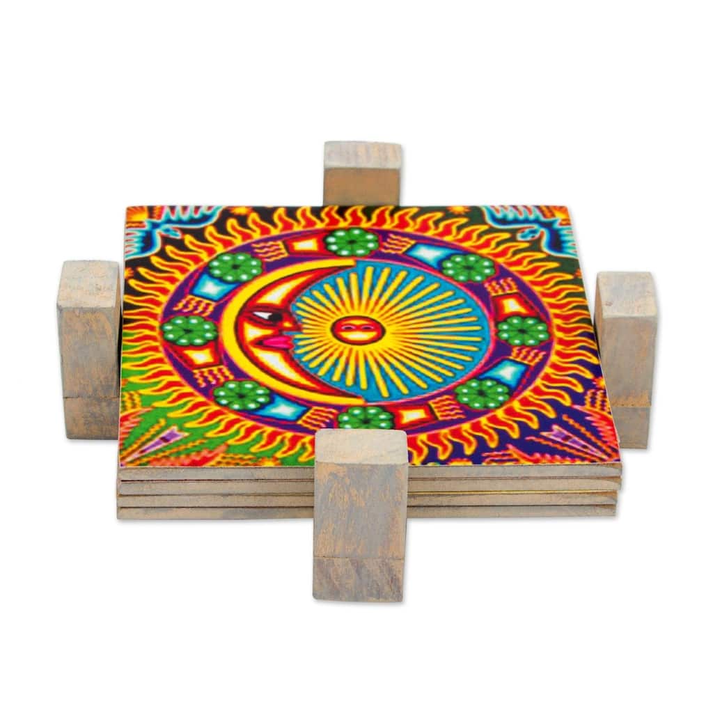 NOVICA Artisan Handblown Decoupage Wood Coasters Pinewood Mexican Motif Multicolor Tableware 'Huichol Sun and Moon' (set of 4)