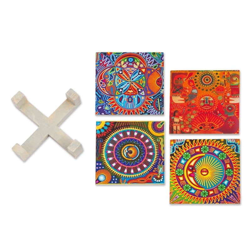 NOVICA Artisan Handblown Decoupage Wood Coasters Pinewood Mexican Motif Multicolor Tableware 'Huichol Sun and Moon' (set of 4)