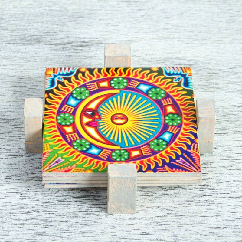NOVICA Artisan Handblown Decoupage Wood Coasters Pinewood Mexican Motif Multicolor Tableware 'Huichol Sun and Moon' (set of 4)
