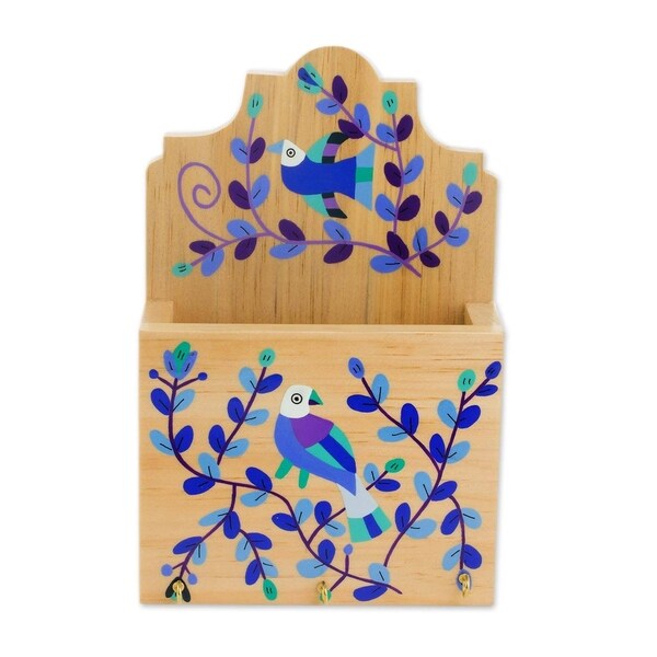 Handmade Cheery Birds in Blue Wood key and letter holder (El Salvador)