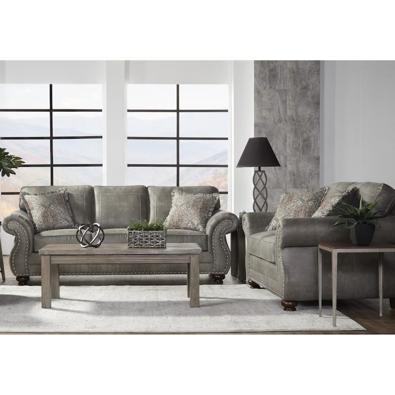 Roundhill Furniture Leinster Faux Leather Upholstered Nailhead Sofa and Loveseat Set in Stone Gray