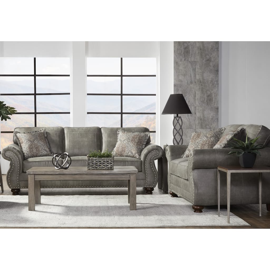 Roundhill Furniture Leinster Faux Leather Upholstered Nailhead Sofa and Loveseat Set in Stone Gray