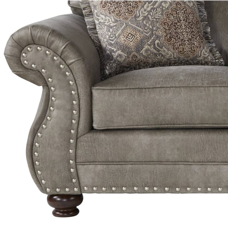 Roundhill Furniture Leinster Faux Leather Upholstered Nailhead Sofa and Loveseat Set in Stone Gray