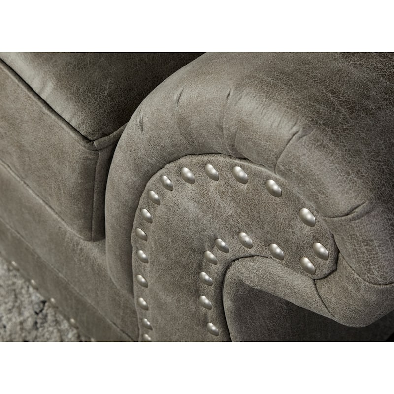 Roundhill Furniture Leinster Faux Leather Upholstered Nailhead Sofa and Loveseat Set in Stone Gray