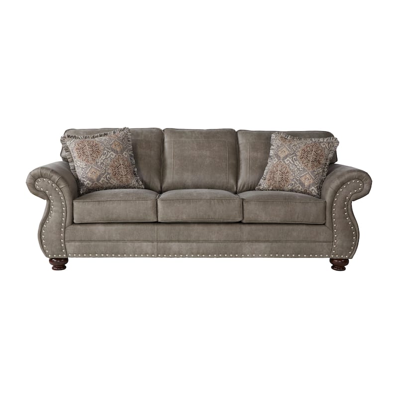 Roundhill Furniture Leinster Faux Leather Upholstered Nailhead Sofa, Loveseat, and Chair Set in Stone Gray