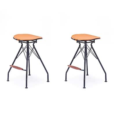 Industrial Metal Faux Leather and Wood 24-Inch Barstool Set of 2
