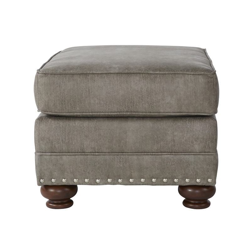 Roundhill Furniture Leinster Faux Leather Upholstered Nailhead Ottoman in Stone Gray