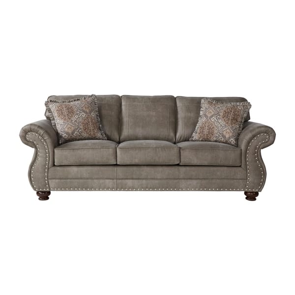 Leinster Faux Leather Upholstered Nailhead Sofa In Stone Gray Leinster Faux Leather Upholstered