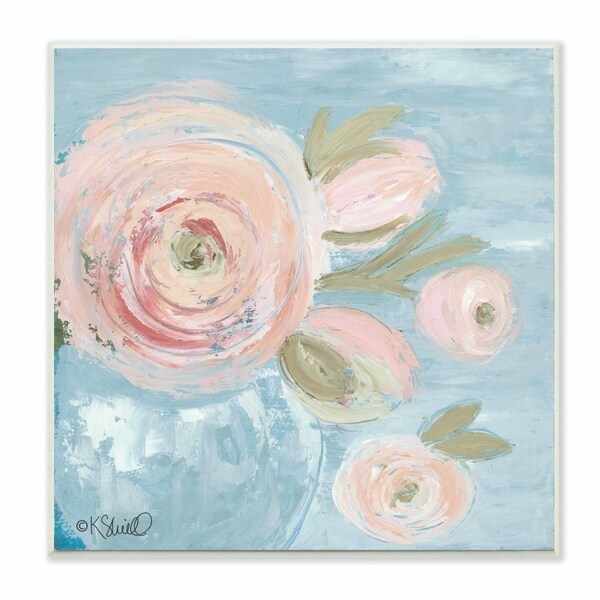 The Stupell Home Decor Collection Pink Flowers on Blue Impressionist Painting, 12 x 12, Proudly Made in USA