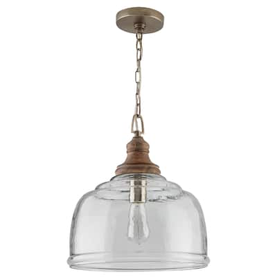 1-light Grey Wash Wood/Clear Organic Rippled Glass Pendant